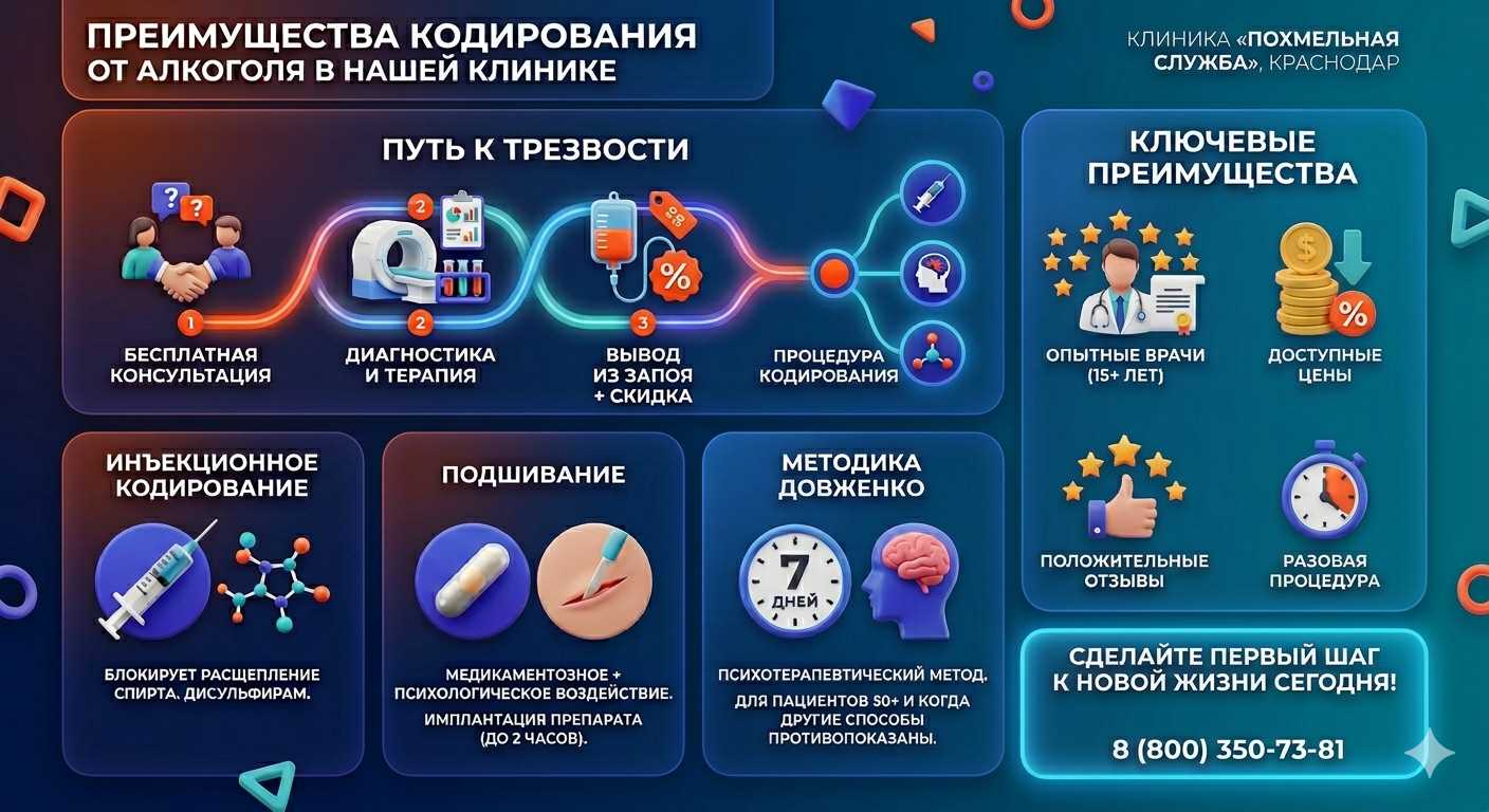 Инфографика о методах кодирования от алкоголя в Ивантеевке: инъекции, подшивание, метод Довженко. Преимущества клиники и этапы лечения.